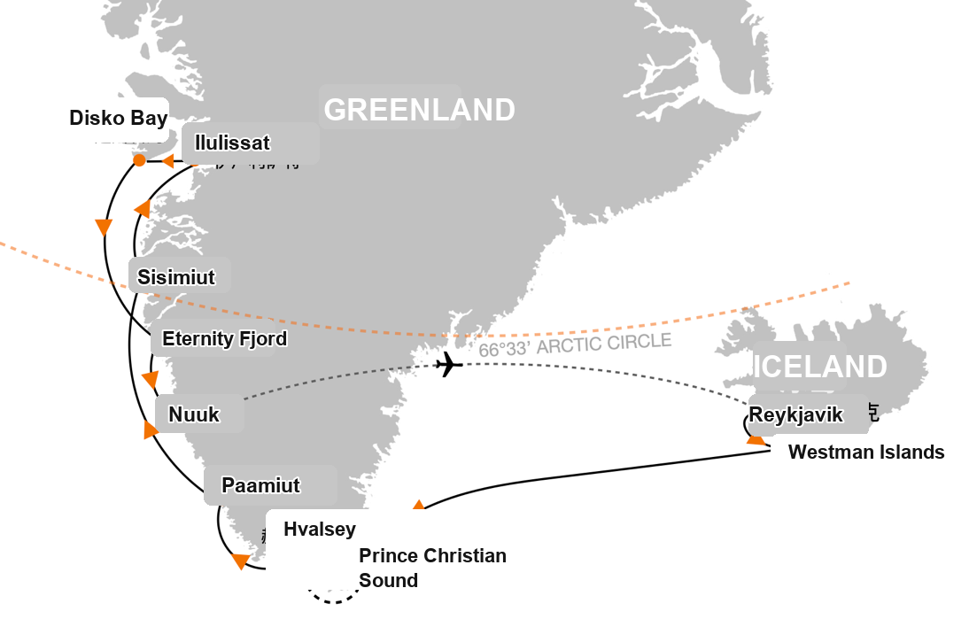 Seaventure West Greenland Glacier Fjords Expedition route map