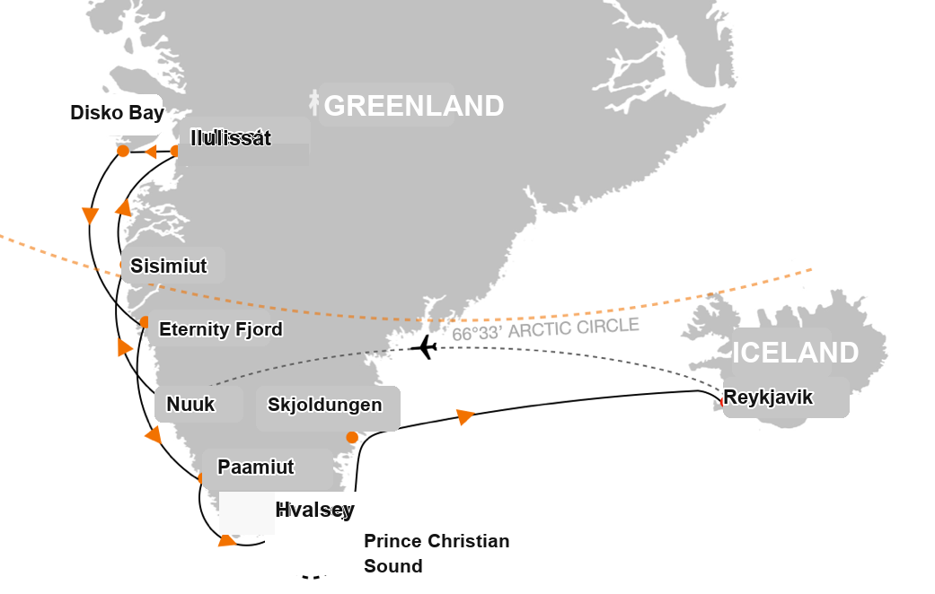 Seaventure West Greenland Glaciers and Inuit Heritage Expedition route map